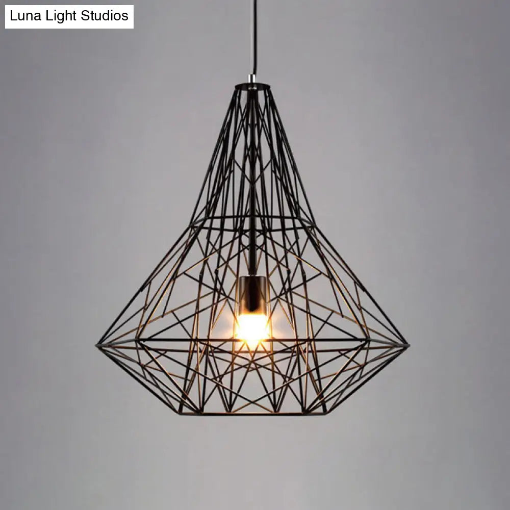 Metallic Industrial Cage Diamond Pendant Lighting - Black/White 1 Head For Dining Room 16’/19.5’ Dia