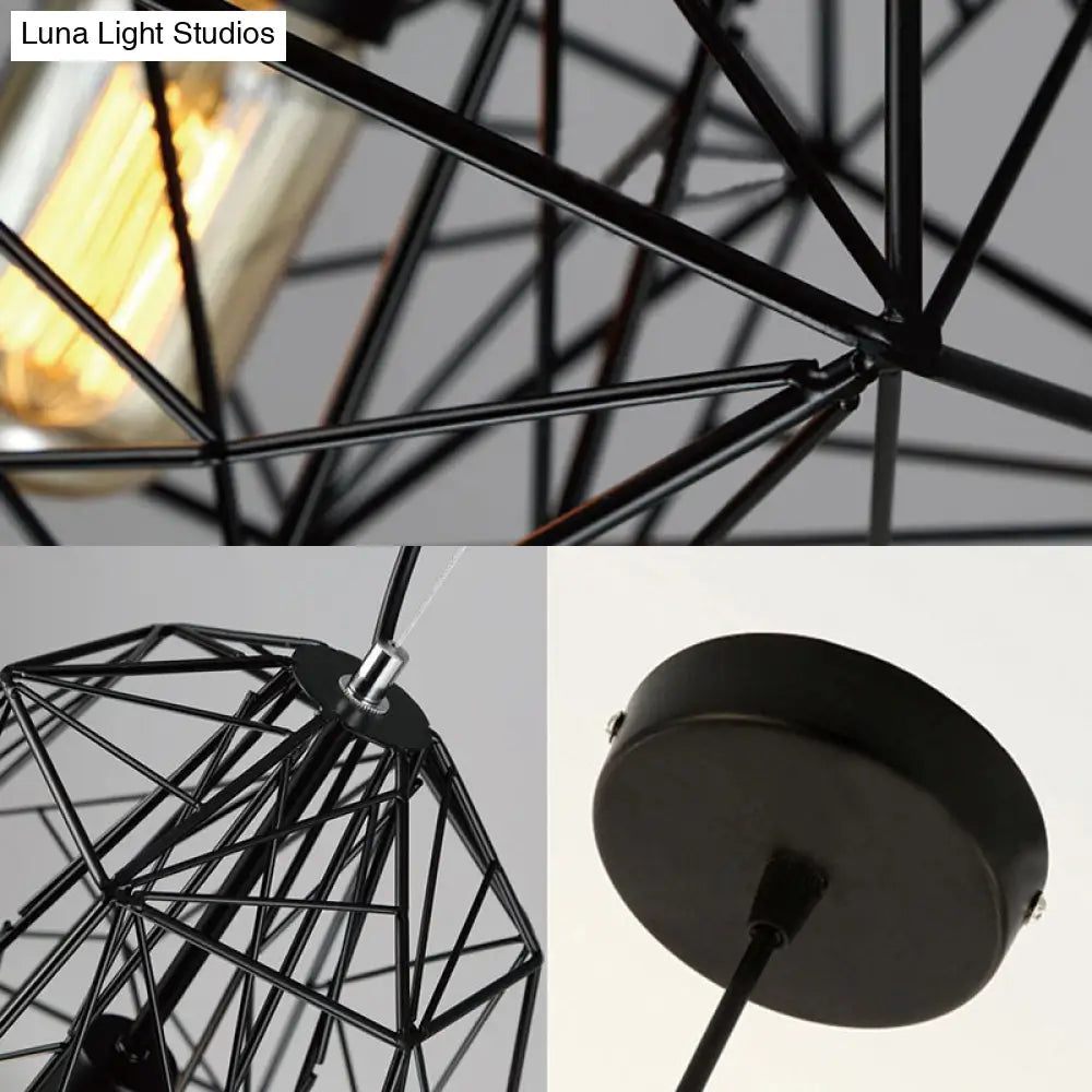 Metallic Industrial Cage Diamond Pendant Lighting - Black/White 1 Head For Dining Room 16’/19.5’ Dia