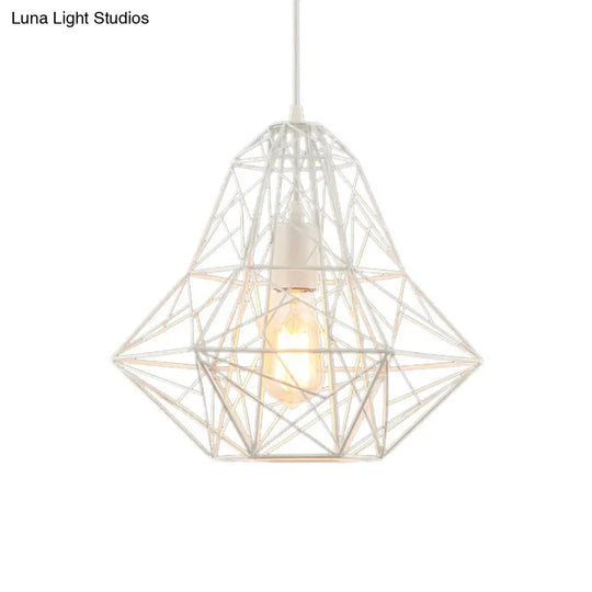 Cage Pendant Diamond Light - Industrial 1 Head Metallic Lamp In Black/White For Dining Room (16/19.5