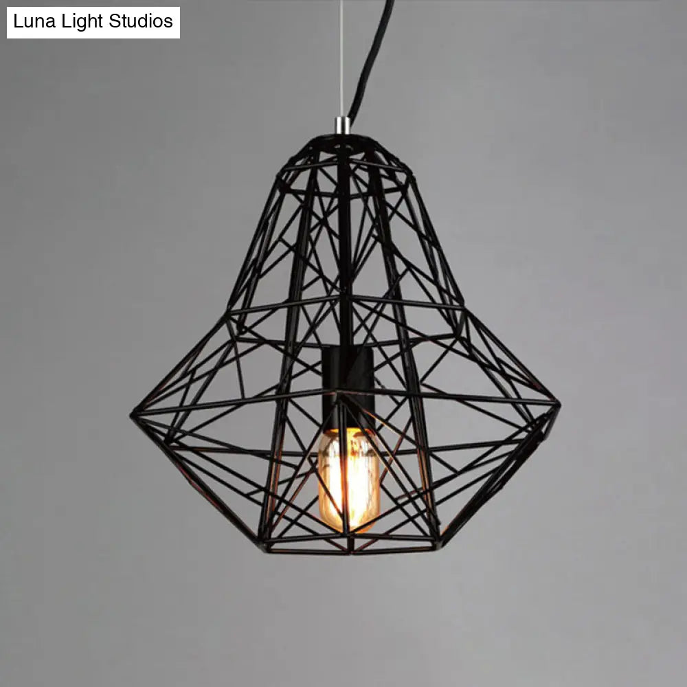 Metallic Industrial Cage Diamond Pendant Lighting - Black/White 1 Head For Dining Room 16’/19.5’ Dia