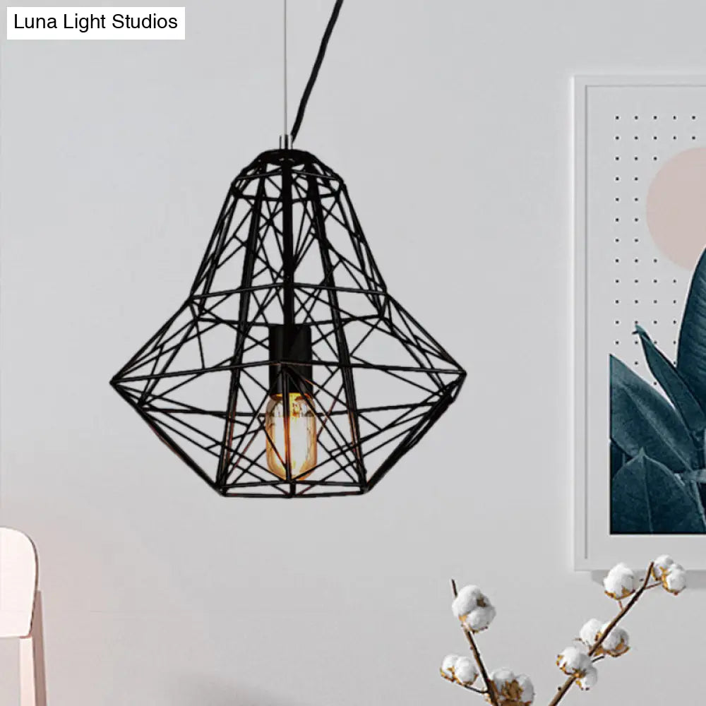 Metallic Industrial Cage Diamond Pendant Lighting - Black/White 1 Head For Dining Room 16’/19.5’ Dia