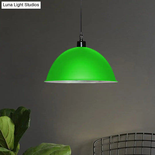 Metallic Industrial Pendant Light: Red/Yellow Dome Shade Hanging Lamp For Living Room Ceiling Green