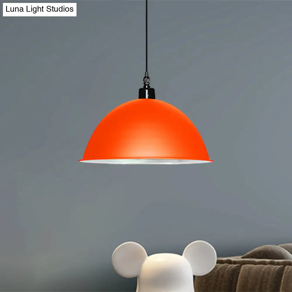 Metallic Industrial Pendant Light: Red/Yellow Dome Shade Hanging Lamp For Living Room Ceiling Orange