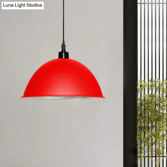 Metallic Industrial Pendant Light: Red/Yellow Dome Shade Hanging Lamp For Living Room Ceiling