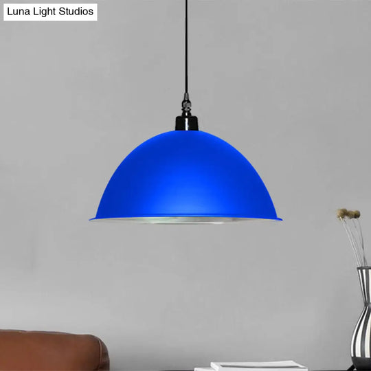 Metallic Industrial Pendant Light: Red/Yellow Dome Shade Hanging Lamp For Living Room Ceiling Blue