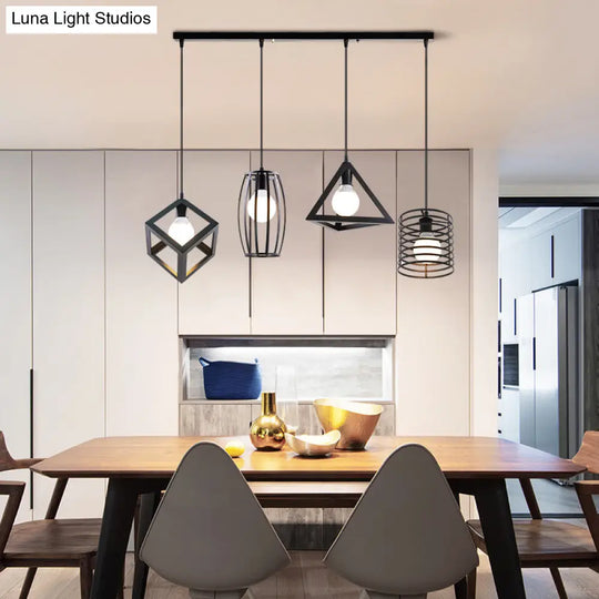 Industrial Black Pendant Lighting With 4 Wire Frame Shades For Dining Room Ceiling