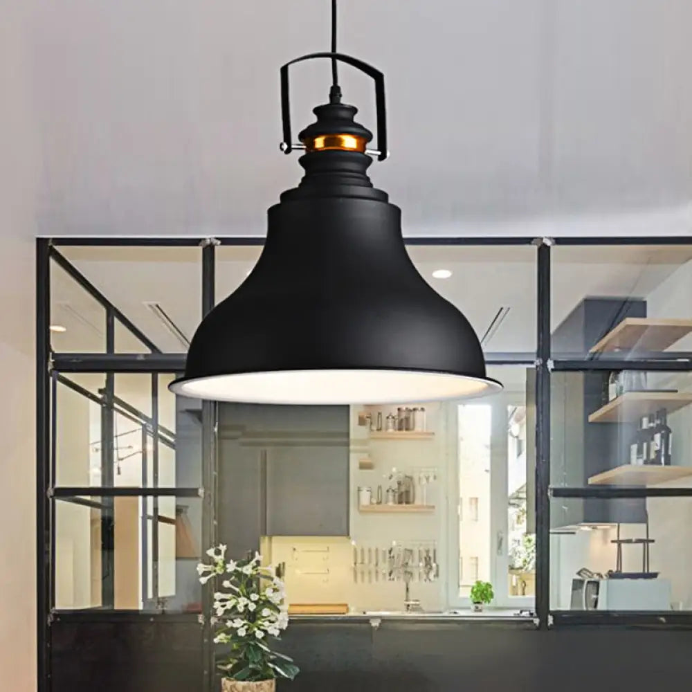 Metallic Industrial Style Barn Shade Pendant Ceiling Light With Handle In Black