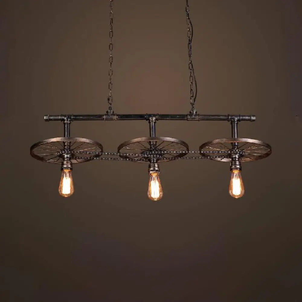 Metallic Island Pendant Light With Industrial Bare Bulb Design - 3 Lights & Wheel Decor In Bronze