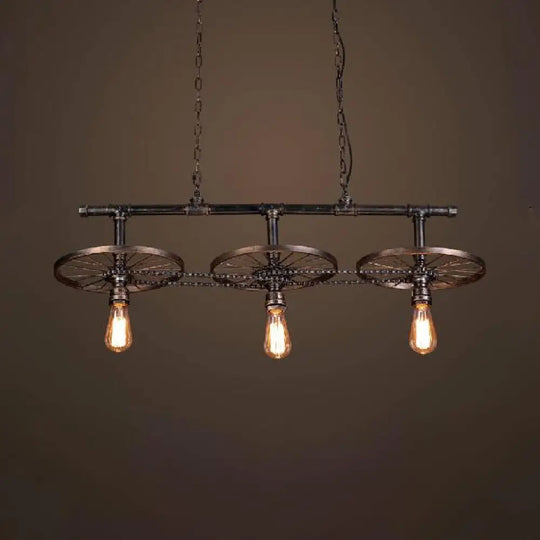 Metallic Island Pendant Light With Industrial Bare Bulb Design - 3 Lights & Wheel Decor In Bronze