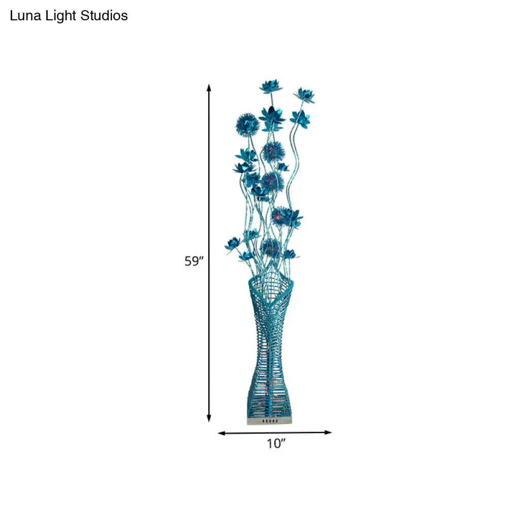 Metallic Led Floor Lamp With Tower-Like Design And Blue Floral Decor