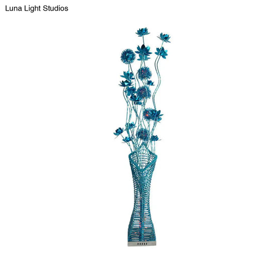 Metallic Led Floor Lamp With Tower-Like Design And Blue Floral Decor