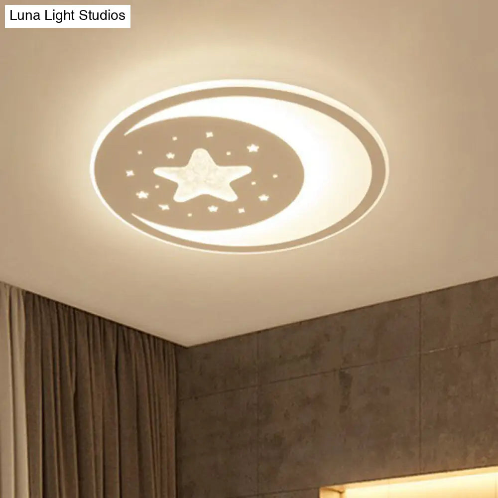 Metallic Led Flush Mount Ceiling Light For Kids Bedroom – Modern White Crescent And Star Design