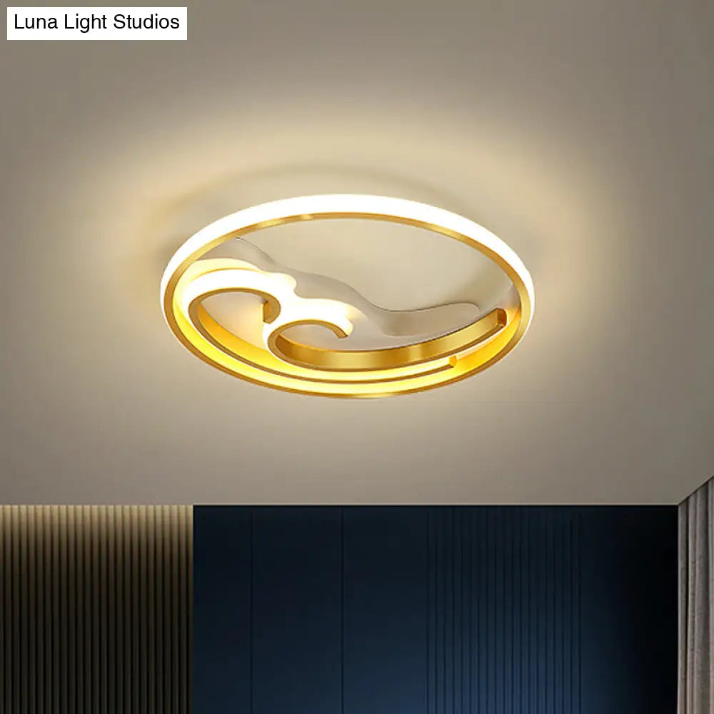 Metallic Led Nordic Flush Light Fixture - Waves Bedroom Semi Mount Lighting In Gold/Black-Gold