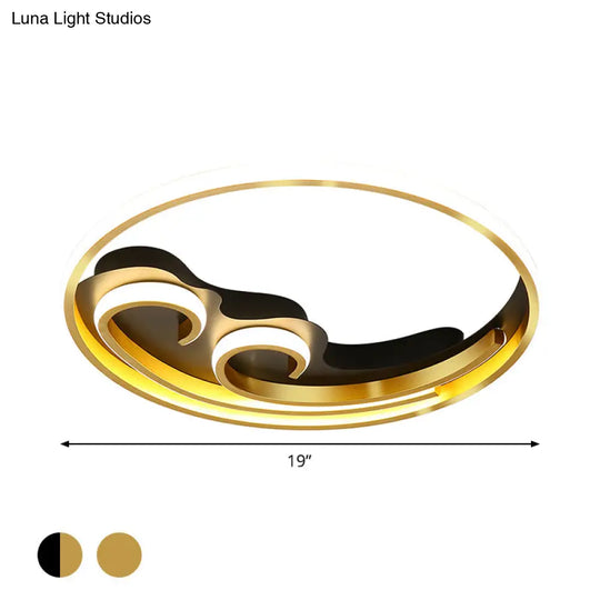 Metallic Led Nordic Flush Light Fixture - Waves Bedroom Semi Mount Lighting In Gold/Black - Gold