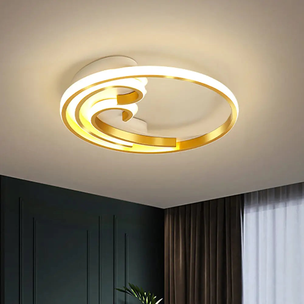 Metallic Led Nordic Flush Light Fixture - Waves Bedroom Semi Mount Lighting In Gold/Black - Gold