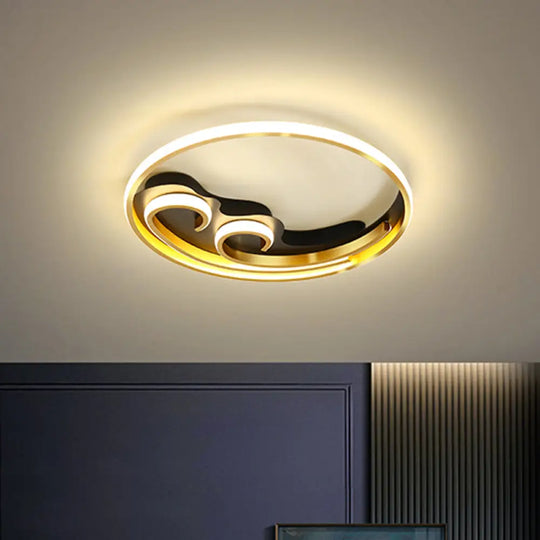 Metallic Led Nordic Flush Light Fixture - Waves Bedroom Semi Mount Lighting In Gold/Black - Gold