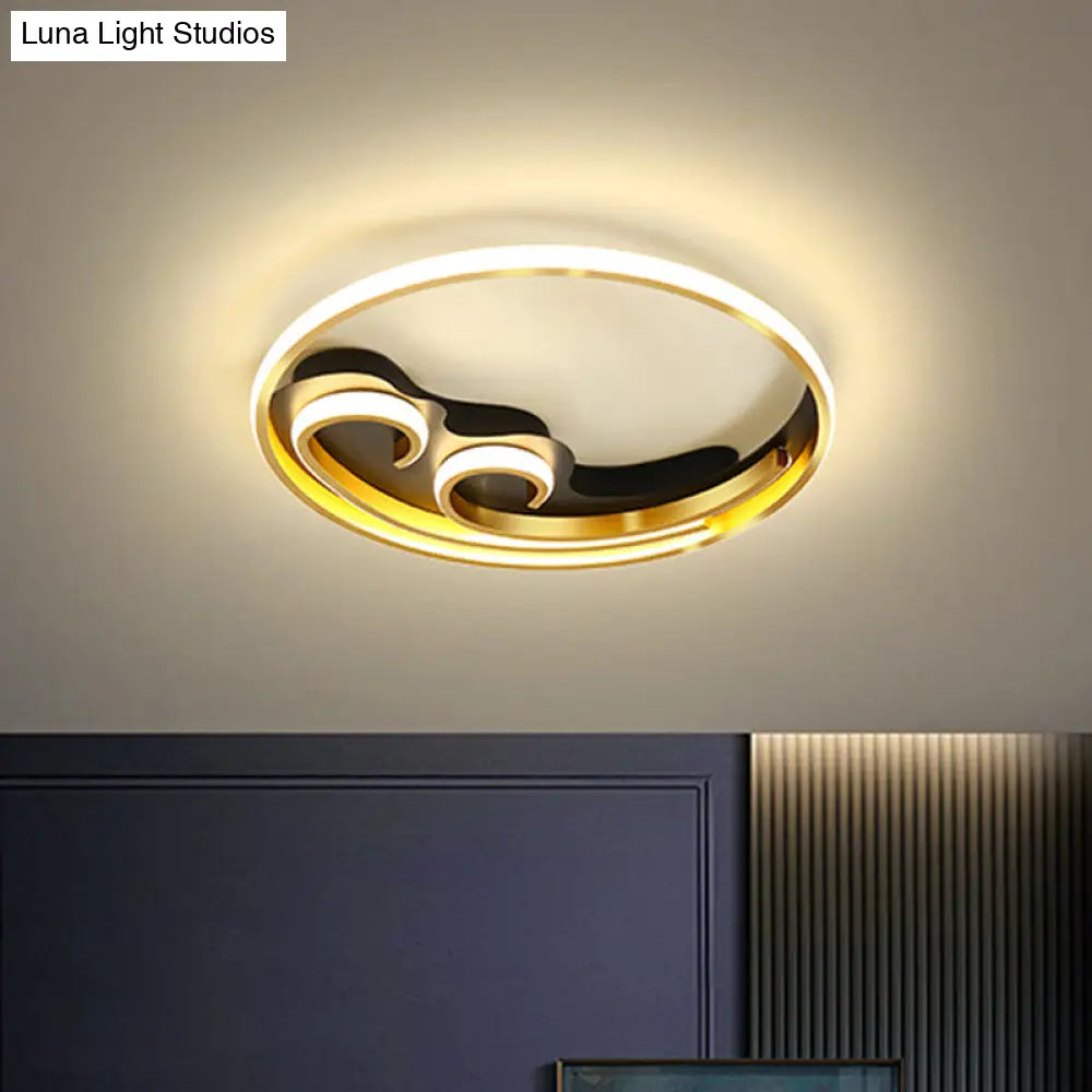 Metallic Led Nordic Flush Light Fixture - Waves Bedroom Semi Mount Lighting In Gold/Black-Gold