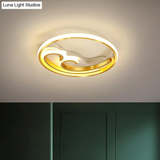 Metallic Led Nordic Flush Light Fixture - Waves Bedroom Semi Mount Lighting In Gold/Black - Gold