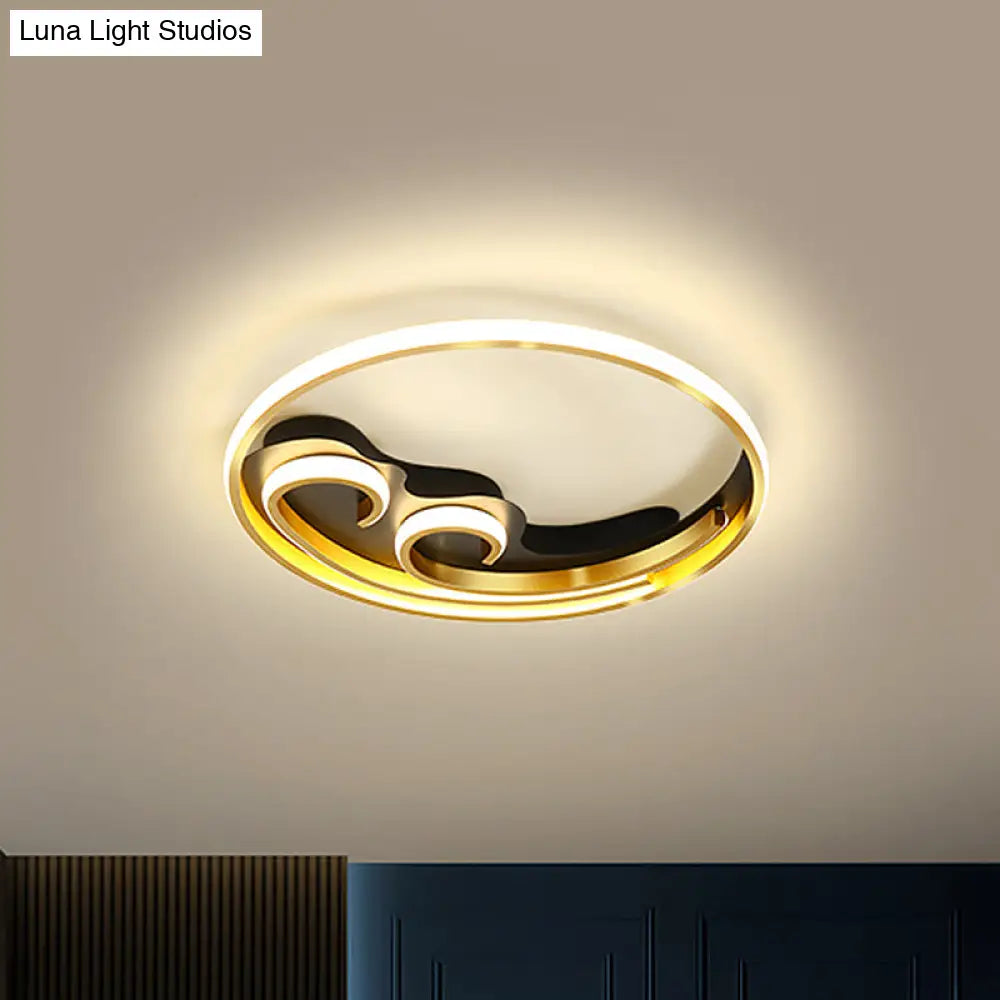 Metallic Led Nordic Flush Light Fixture - Waves Bedroom Semi Mount Lighting In Gold/Black - Gold