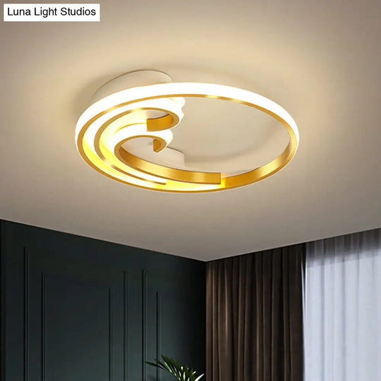 Metallic Led Nordic Flush Light Fixture - Waves Bedroom Semi Mount Lighting In Gold/Black-Gold Gold