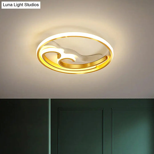 Metallic Led Nordic Flush Light Fixture - Waves Bedroom Semi Mount Lighting In Gold/Black-Gold