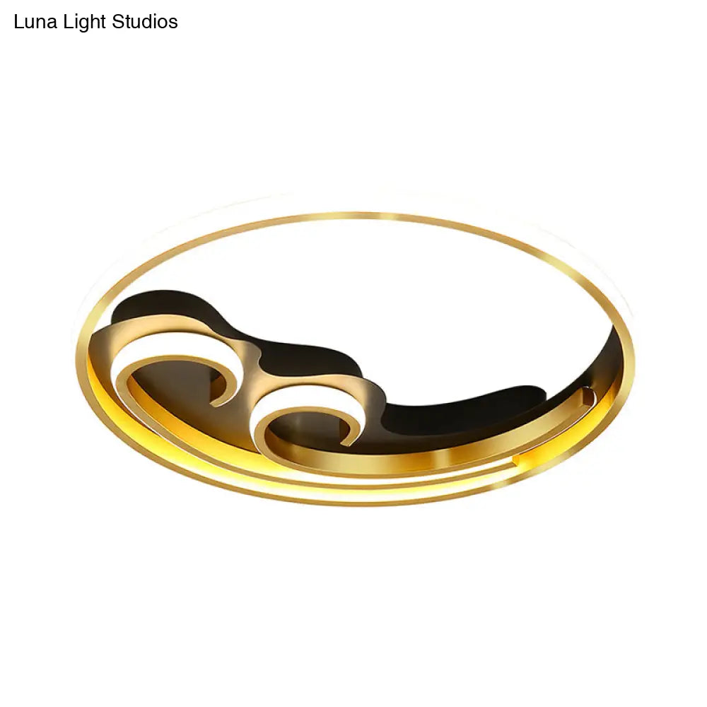 Metallic Led Nordic Flush Light Fixture - Waves Bedroom Semi Mount Lighting In Gold/Black - Gold
