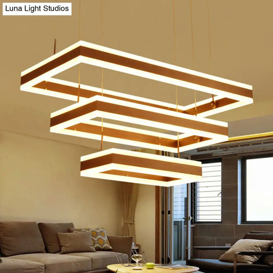 Metallic Led Pendant Light: Coffee Rectangular Layered Chandelier With Simplicity Design