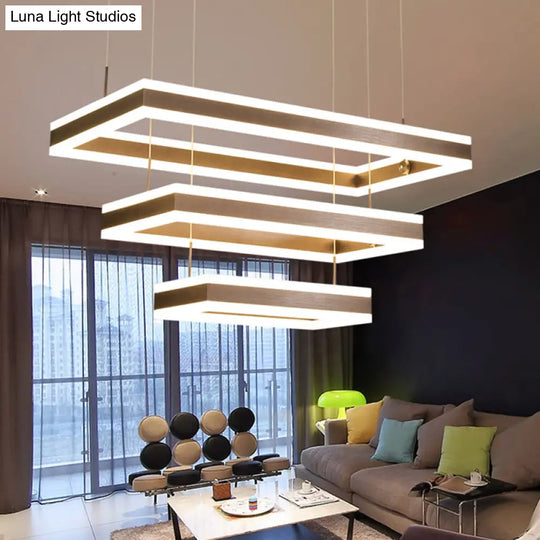 Metallic Led Pendant Light: Coffee Rectangular Layered Chandelier With Simplicity Design