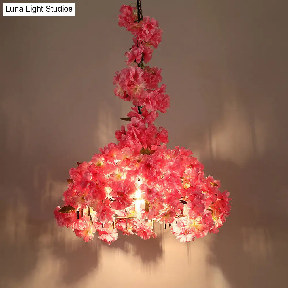 Metallic Led Hanging Ceiling Light In Pink With Country Flower Blossom Design For Beer Bar