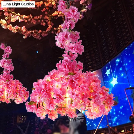 Metallic Led Hanging Ceiling Light In Pink With Country Flower Blossom Design For Beer Bar