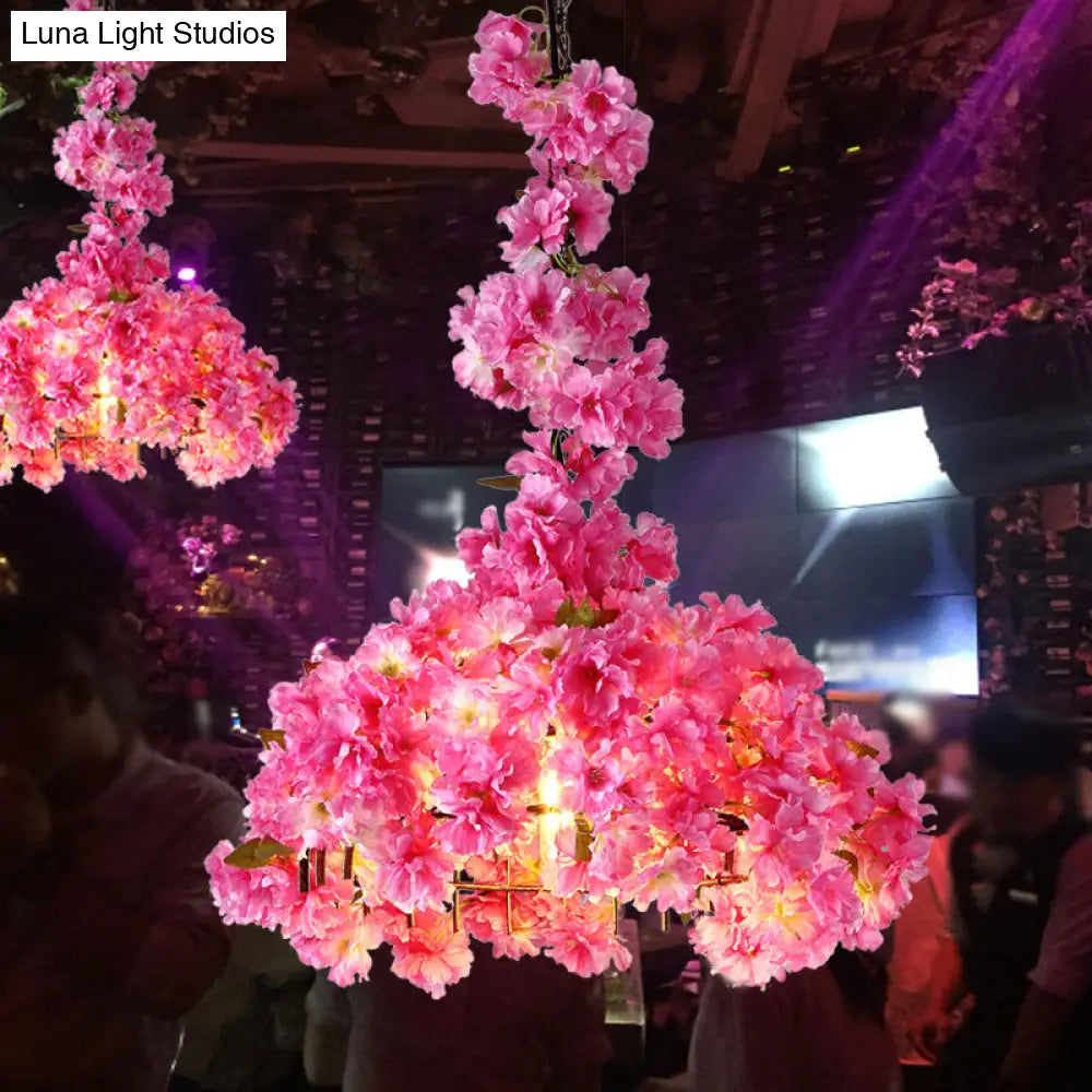 Metallic Led Hanging Ceiling Light In Pink With Country Flower Blossom Design For Beer Bar