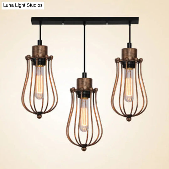 Metallic Loft Style Farmhouse Ceiling Pendant With Bulb Cage Shade - 3 Head Hanging Light Fixture In