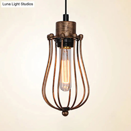 Metallic Loft Style Farmhouse Ceiling Pendant With Bulb Cage Shade - 3 Head Hanging Light Fixture In