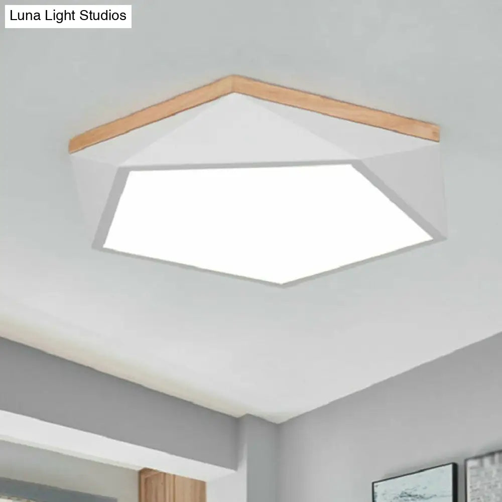 Metallic Macaron Led Flush Ceiling Light With Faceted Pentagon Design And Wooden Canopy White /