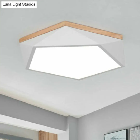 Metallic Macaron Led Flush Ceiling Light With Faceted Pentagon Design And Wooden Canopy White /