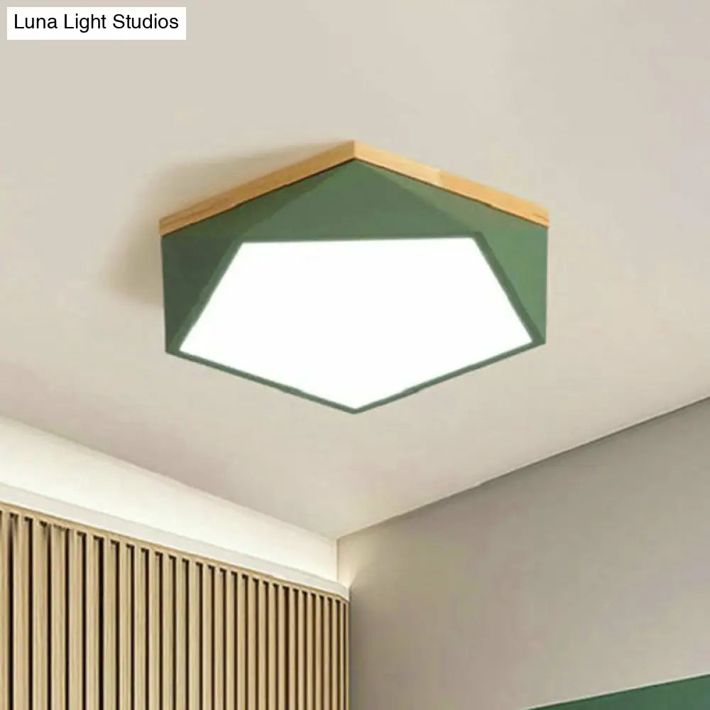 Metallic Macaron Led Flush Ceiling Light With Faceted Pentagon Design And Wooden Canopy Green /