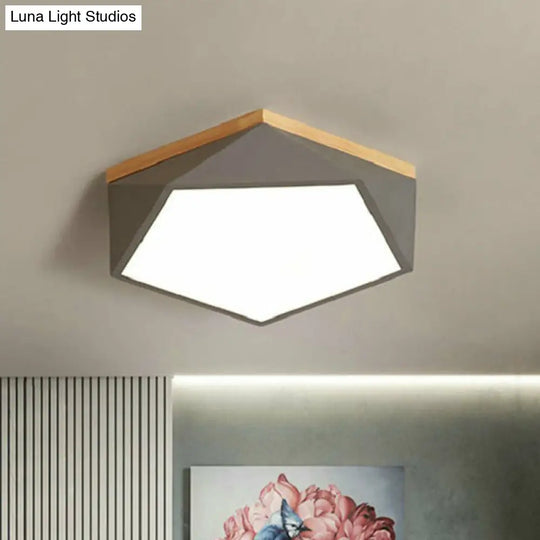 Metallic Macaron Led Flush Ceiling Light With Faceted Pentagon Design And Wooden Canopy Grey / Small