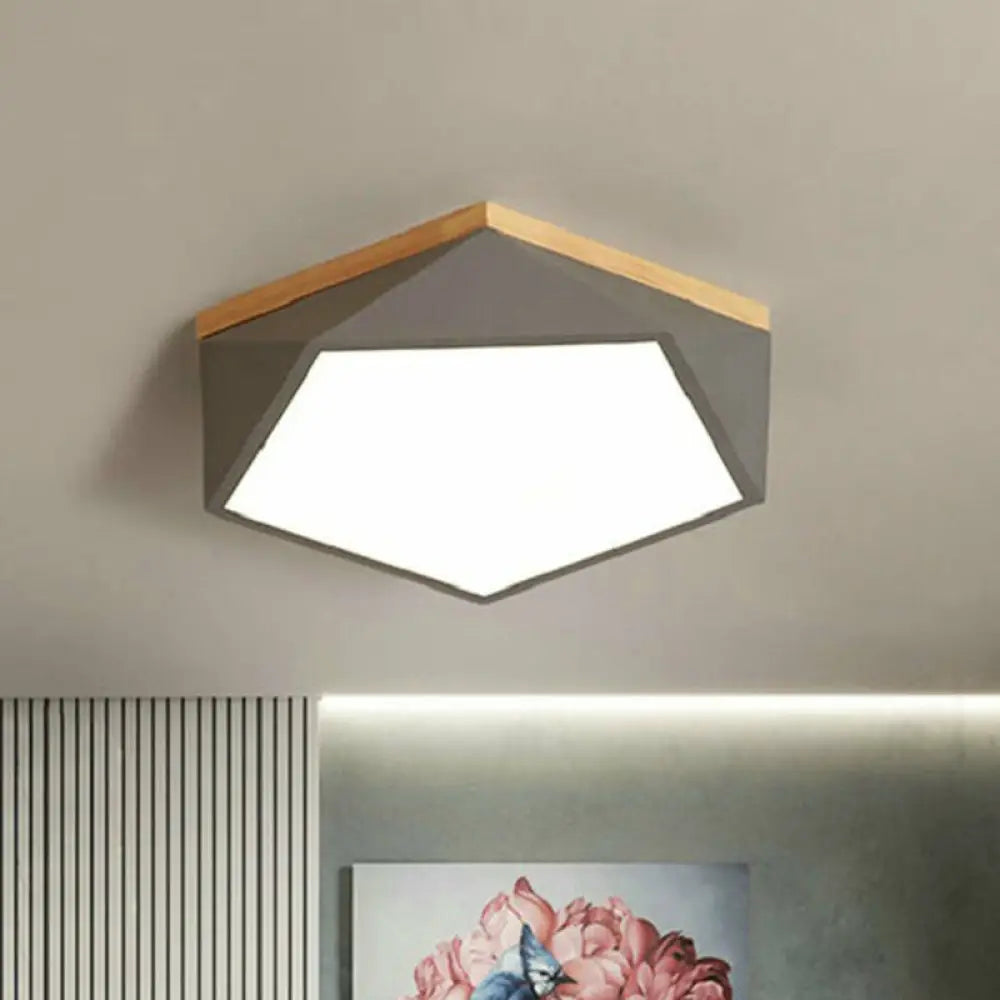 Metallic Macaron Led Flush Ceiling Light With Faceted Pentagon Design And Wooden Canopy Grey /