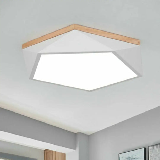 Metallic Macaron Led Flush Ceiling Light With Faceted Pentagon Design And Wooden Canopy White /