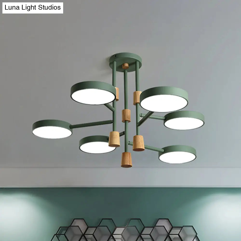 Metallic Macaron Round Flushmount Lighting With 6 Heads: Grey/Green/White Led Semi Flush Mount Lamp