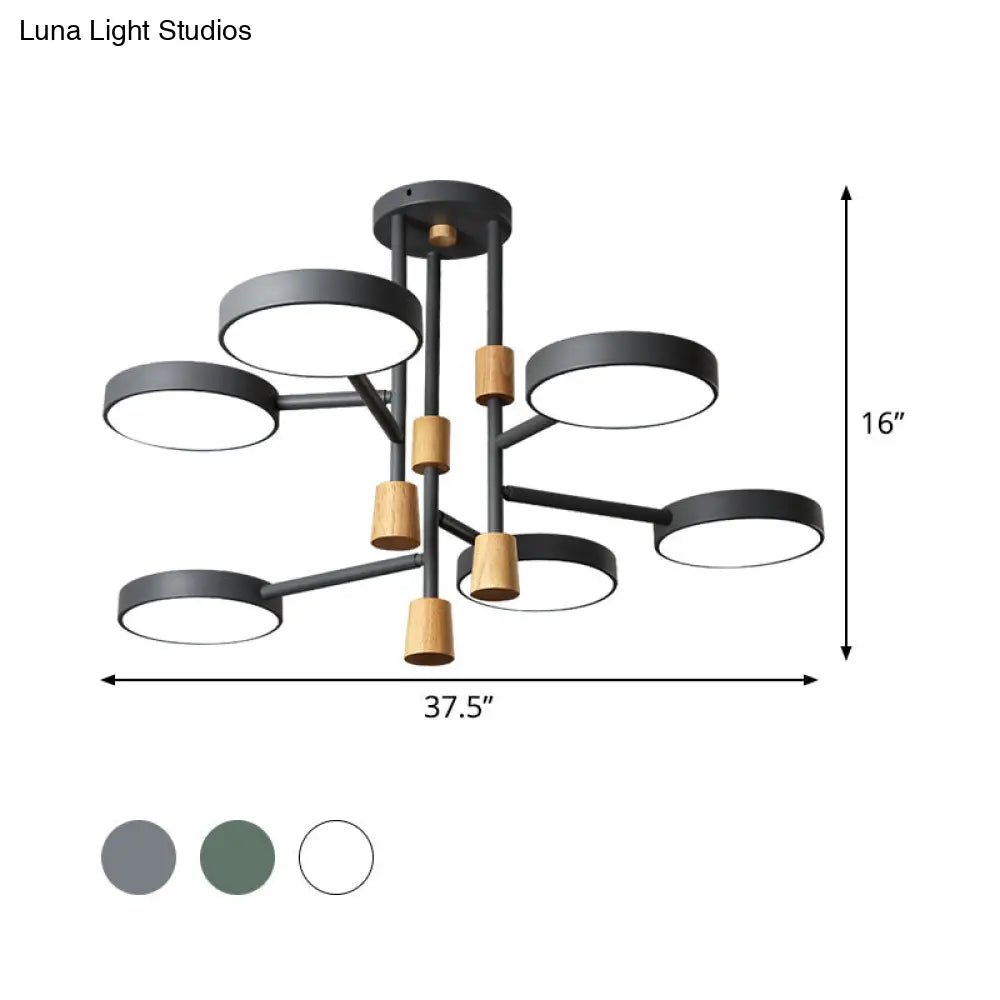 Metallic Macaron Round Flushmount Lighting With 6 Heads: Grey/Green/White Led Semi Flush Mount Lamp