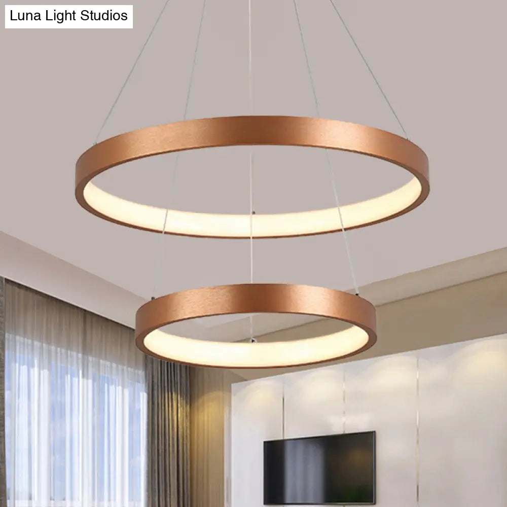 Gold Metallic Minimalist Led Hoop Chandelier - Warm/White Light 1/2/3-Tier Ceiling Pendant