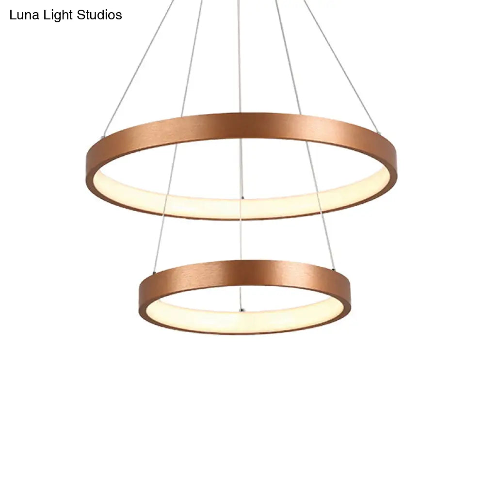 Gold Metallic Minimalist Led Hoop Chandelier - Warm/White Light 1/2/3-Tier Ceiling Pendant