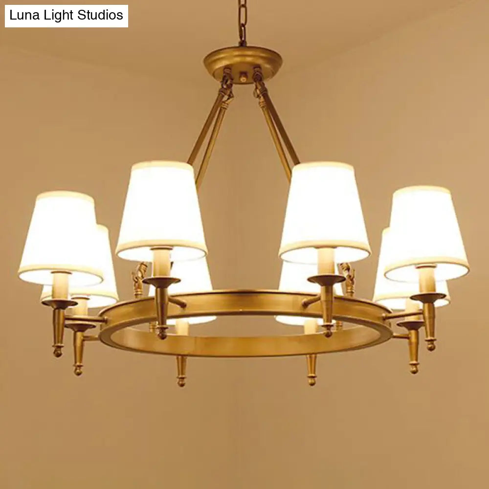 Metallic Minimalist 8-Head Ring Chandelier With Tapered Fabric Shade - Stylish Pendant Light For