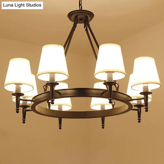 Metallic Minimalist 8-Head Ring Chandelier With Tapered Fabric Shade - Stylish Pendant Light For