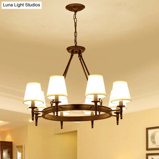 Metallic Minimalist 8-Head Ring Chandelier With Tapered Fabric Shade - Stylish Pendant Light For