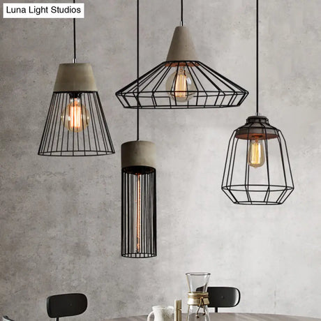 Metallic Minimalist Pendant Light: Caged Dining Room Suspension with Cement Top (Grey)
