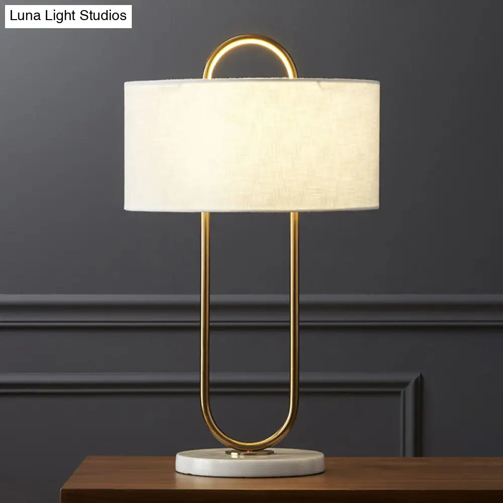 Metallic Modern Night Light: Oblong Bedside Table Lamp With Marble Base & Fabric Drum Shade