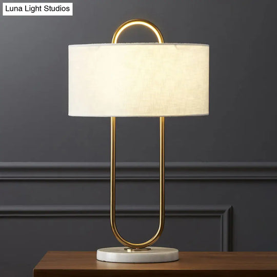 Metallic Modern Night Light: Oblong Bedside Table Lamp With Marble Base & Fabric Drum Shade