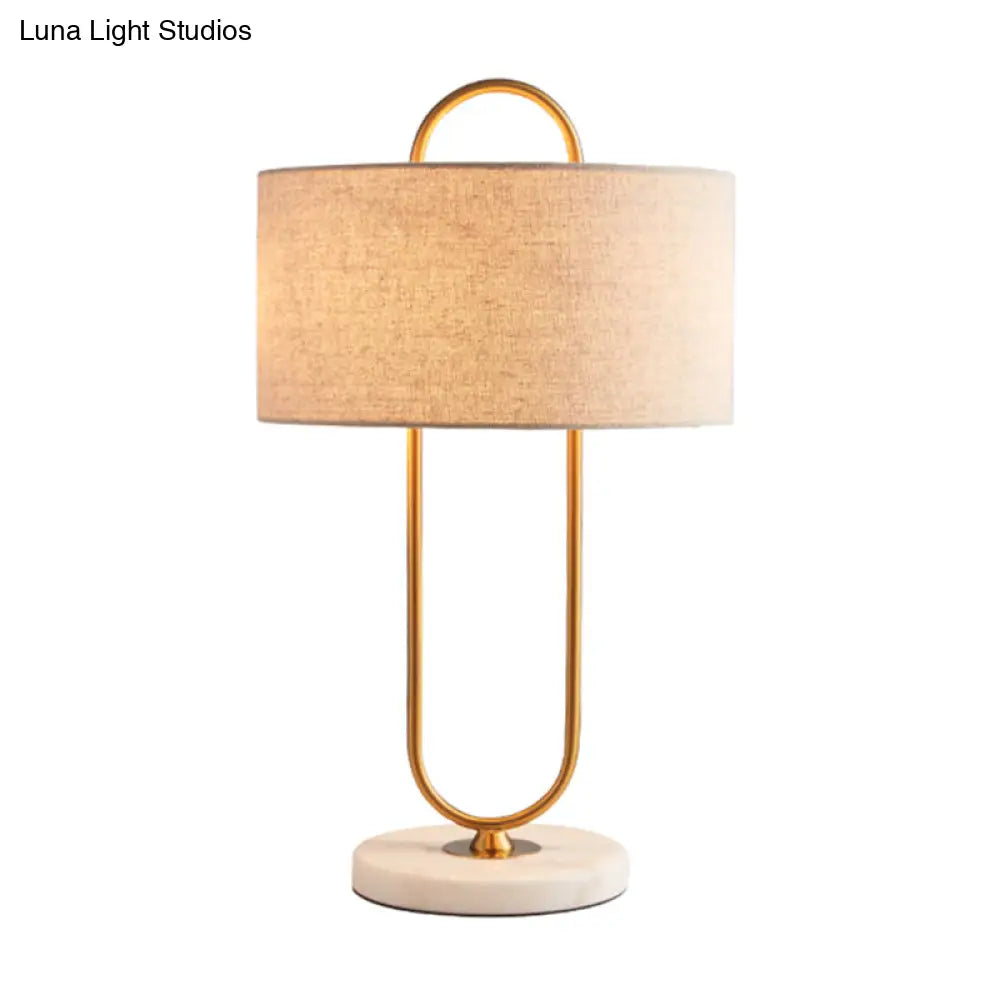 Metallic Modern Night Light: Oblong Bedside Table Lamp With Marble Base & Fabric Drum Shade